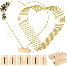 IGTOPS Pack of 10 30 cm Heart Metal Flower Hoops with 10 Hexagon Wooden Stands, Metal Wreath Ring, Gold Metal Decorative Rings with Wooden Stand, for DIY Wedding Table Wreath Decoration and Macrame