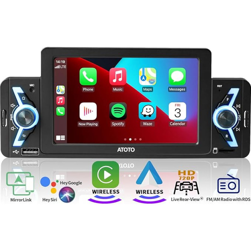 ATOTO F7WE F7G1A5WE 5 Inch Car Radio 1din, Wireless CarPlay & Wireless Android Car, MirrorLink, Car Radio Bluetooth 5.3 with Touch Screen, FM/AM/RDS, Voice Control, Live Rear View, F7G1A5WE