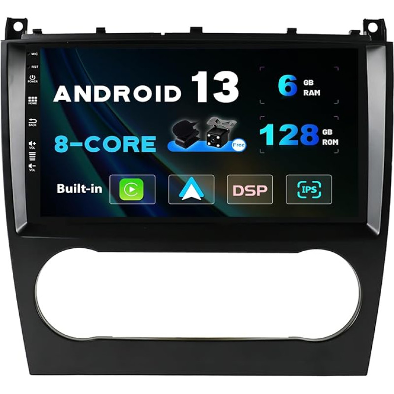 SXAUTO - 6G + 128G - Android 13 IPS Car Radio for Benz C-Class W203 W209 C180 C200 CL203 C209 (2004-2007) - Built-in Carplay/Android Car/DSP - Camera + MIC -DAB SWC Fast-Boot 360-CAM - 2 Din 9 inch