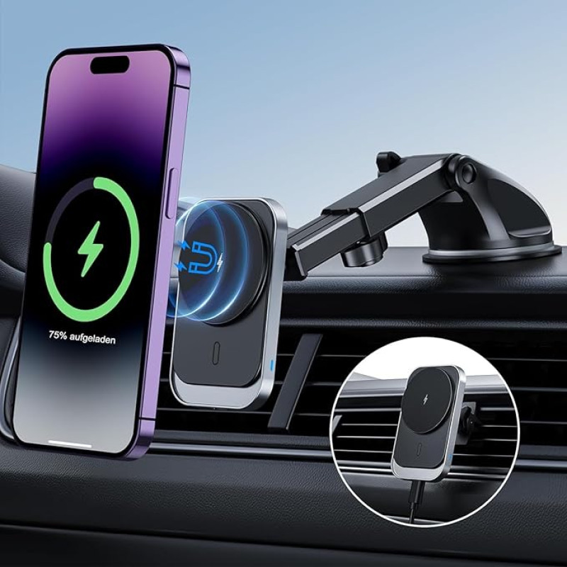 Mobile Phone Holder Car with Charging Function, Magnetic Air Vent Dashboard Wireless Car Charger for iPhone 14/13/12, 14/13/12 Pro, 14/13/12 Pro Max, 14 Plus, 13/12 Mini (with QC 3.0 Car Charger)