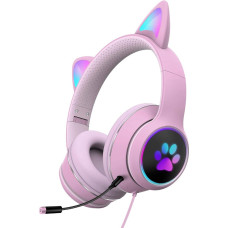 Cat Ear Headphones, Lightweight Wired Gaming Headset for Kids with LED Light, Foldable Stereo Sound with Microphone and 3.5 Audio Cable for Mobile Phone/Tablet/Laptop/PC (Pink)