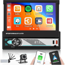 Hikity Car Radio 1 Din Wireless Apple Carplay and Android Car, 7 Inch Manual Extendable Display Touchscreen Car Radio with Bluetooth 5.1 Hands-Free Kit FM/AM Radio USB AUX Reversing Camera