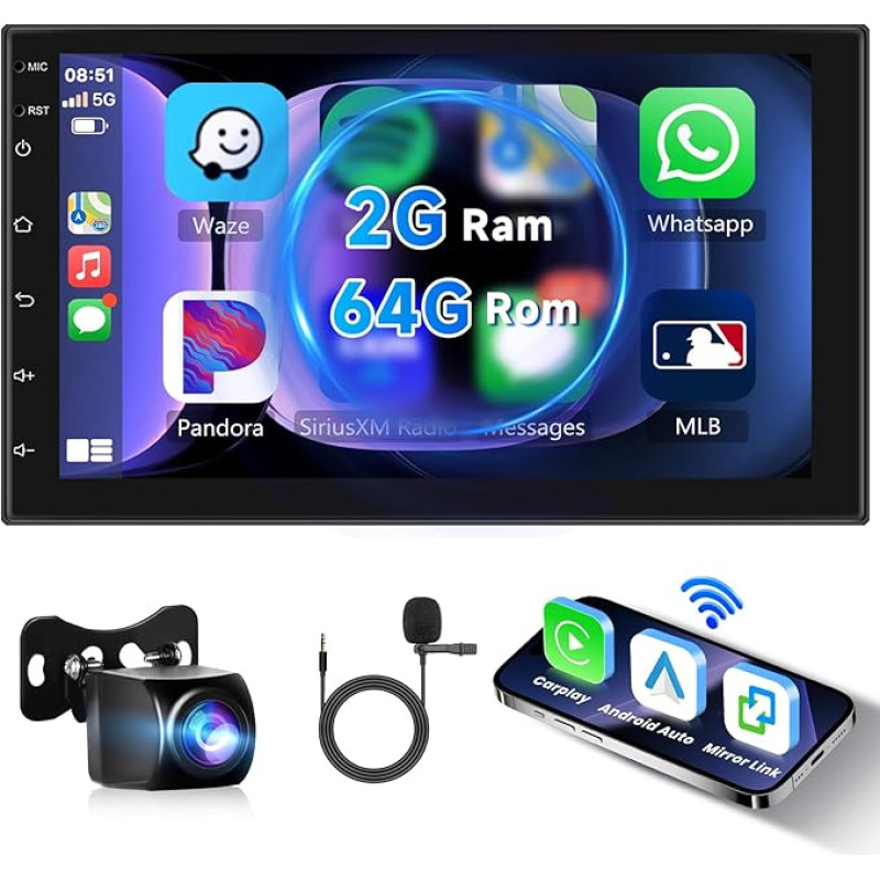 Hodozzy Car Radio Android DIN 2 Bluetooth 7 Inch 2GB 64GB Carplay Wireless Android Car Radio Double DIN Touchscreen Car Radio Navigation DSP HiFi FM RDS Radio GPS Navigation WiFi + USB Reversing