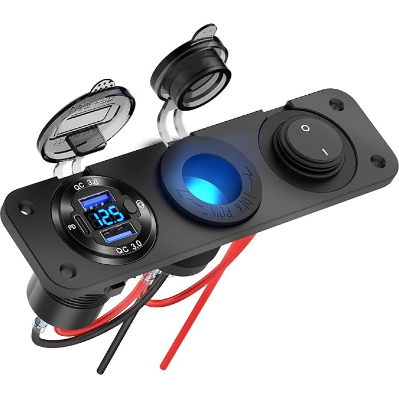 12 V USB Socket Boat Accessories Marine Switch Panel Plug, PD3.0 and Two QC3.0 USB Ports Aluminium Car Charger with Voltmeter, Illuminated 150 W Cigarette Lighter Socket and Rocker Switch