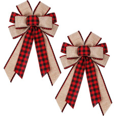 YanKMooM Pack of 2 Large Christmas Tree Bows, Red Checked Bow Christmas Tree Topper Bow Wreath Bow Ornaments for Christmas Party Decoration Accessories (A)