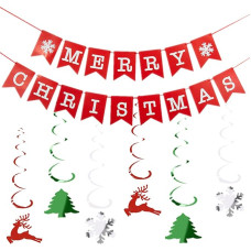 Merry Christmas Banner Red Christmas Garland Spiral Hanging Reindeer Tree Snowflake Christmas Decorations for Home Party Fireplace Wall