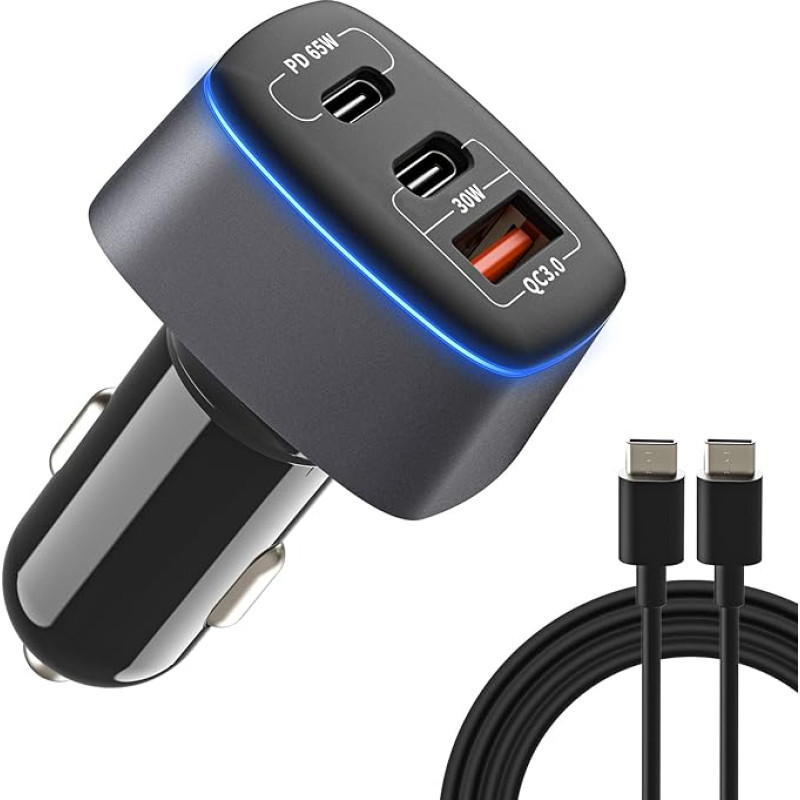 USB C Car Charger PD SUPERNIGHT Car Charger Cigarette Lighter Adapter 95W 3-Port Type C PD3.0 PPS 65W/30W+QC 30W, for MacBook Dell Lenovo HP ASUS Acer Samsung iPhone iPad with 1.5 m Type C Cable