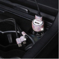 Cigarette Lighter USB Charger Rhinestones Crystal Bling Glitter Diamond Car Charger Dual USB Car Charger Compatible with iPhone GalaxyHuawei Car Mobile Phone Chargers & Quick Charging Cable, AB Colour