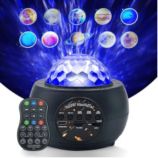 Masshomi Starry Night Light Projector Outdoor Room 10 Planets / 4 Colours Ocean Wave / TF Card Bluetooth Music Speaker White Noise / Remote Control / Timer Lamp for Children's Room Coffee Party