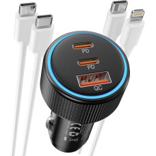 Dresz 66 W Cigarette Lighter Mini USB C Car Charger, 3-Port Car Charger with USB C Cable and Lightning Cable, MFi Certified, for iPhone 14/15 Pro Max, Google Pixel, Samsung S24/S23