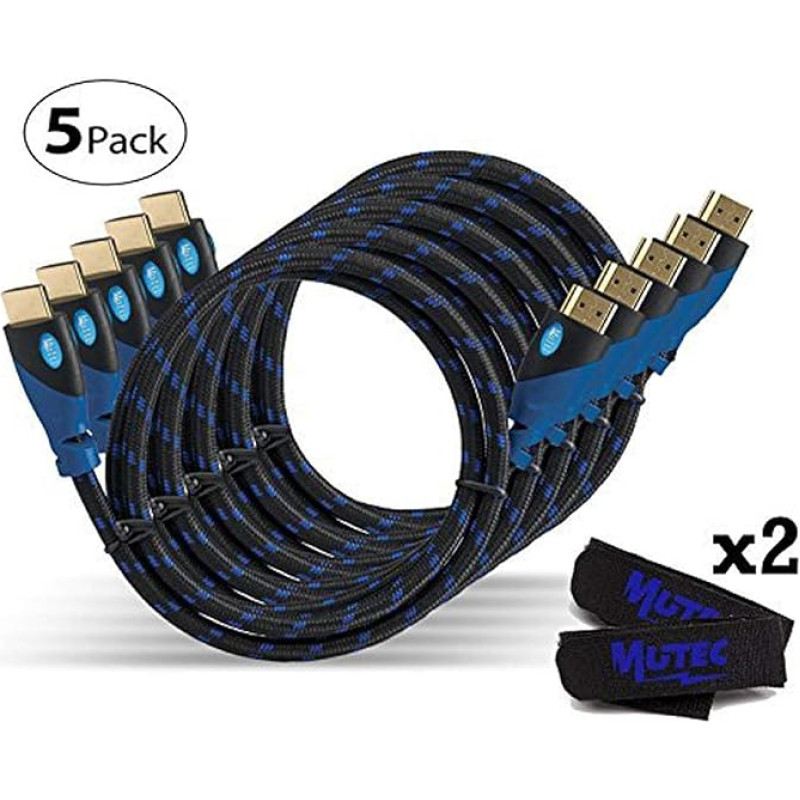 MutecPower PREMIUM Pack of 5 HDMI cables + 2 cable ties - 2 meter - Blue braided - 5 pack 2M