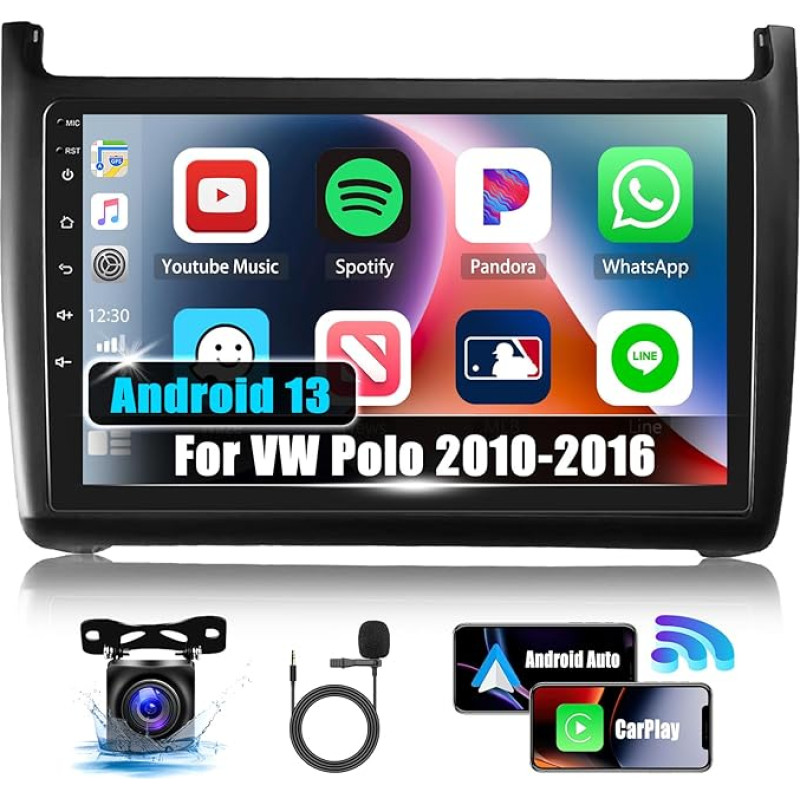 CAMECHO 9 Inch 1 + 32G Android 13 Car Radio for VW Polo 2010-2016, Wireless Carplay/Android Car Antoradio with Navi WiFi Hi-Fi Bluetooth FM/RDS Dual USB + AHD Reversing Camera & Mic