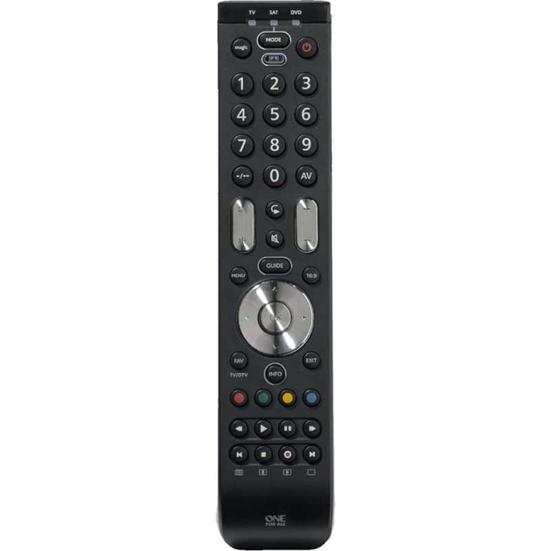 One For All Essence 3 Universal remote control - Perfect replacement remote for 3 devices: TV and STB (Freeview/Sat/Cable), Blu-ray/DVD players – Guaranteed to work all brands – Black – URC 7130