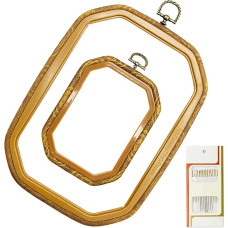 2 Sizes Imitation Wood Rectangle Embroidery Hoop Set Plastic Circle Cross Stitch Hoop Rings for DIY Craft Sewing, Includes 16 Sewing Needles with Gold Eye