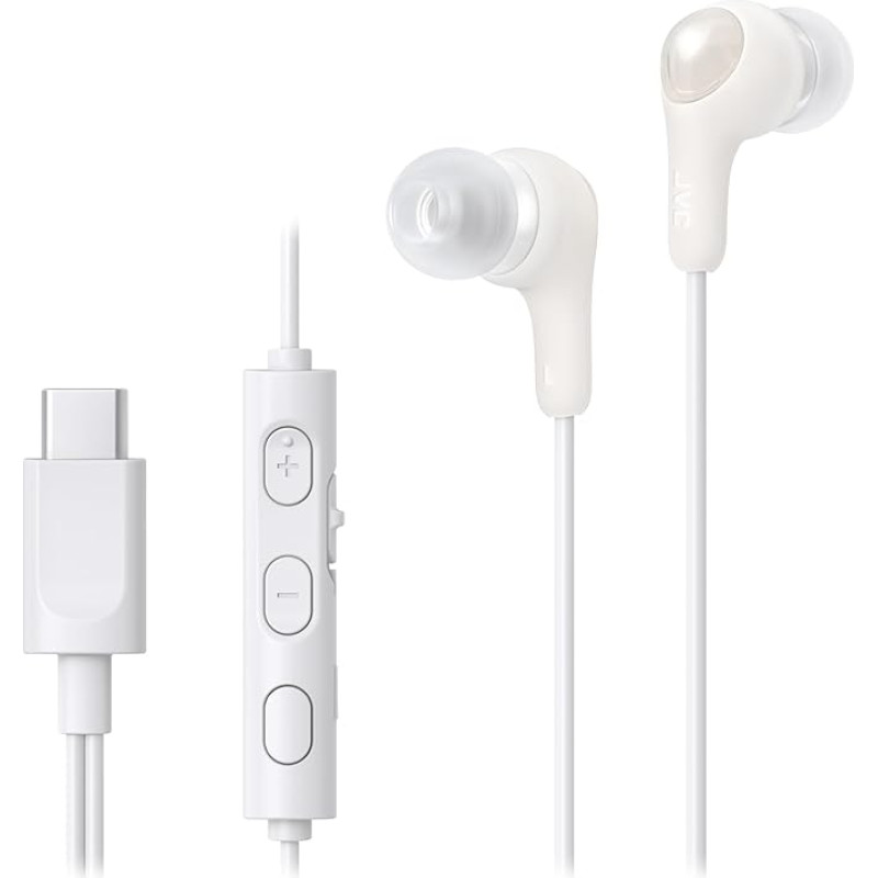 JVC HA-FR9UC-W USB Type-C Wired Headphones with Powerful and Crystal Clear Sound, Practical Microphone and 3-Button Remote Control in Extremely Compact Design (White)