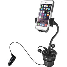 Macally MCUPPOWER 20 cm extralange einstellbare Auto-Halterung für Becherhalter mit 2 USB-Ladegeräten und 2 Zigarettenanzünderbuchsen zum Laden von Mobilgeräten