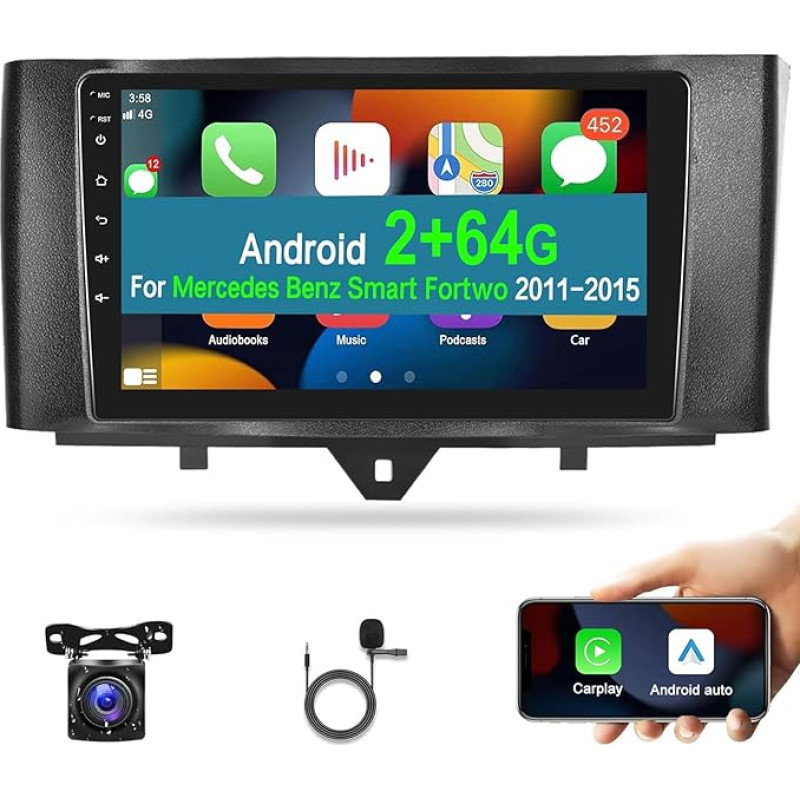 NHOPEEW 2+64G Android Car Radio for Mercedes B-ENZ Smart Fortwo 2011-2015 with Wireless Carplay and Android Car, 9 Inch Touchscreen, Car Radio with Wi-Fi GPS + Camera