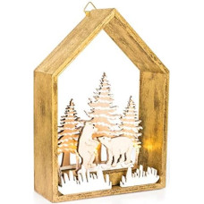 EUROCINSA Wooden Wall Shed or Table with Lights (No Batteries) with Christmas Designs Gold 16 x 23 cm, Pack of 2, Gold/White, One Size