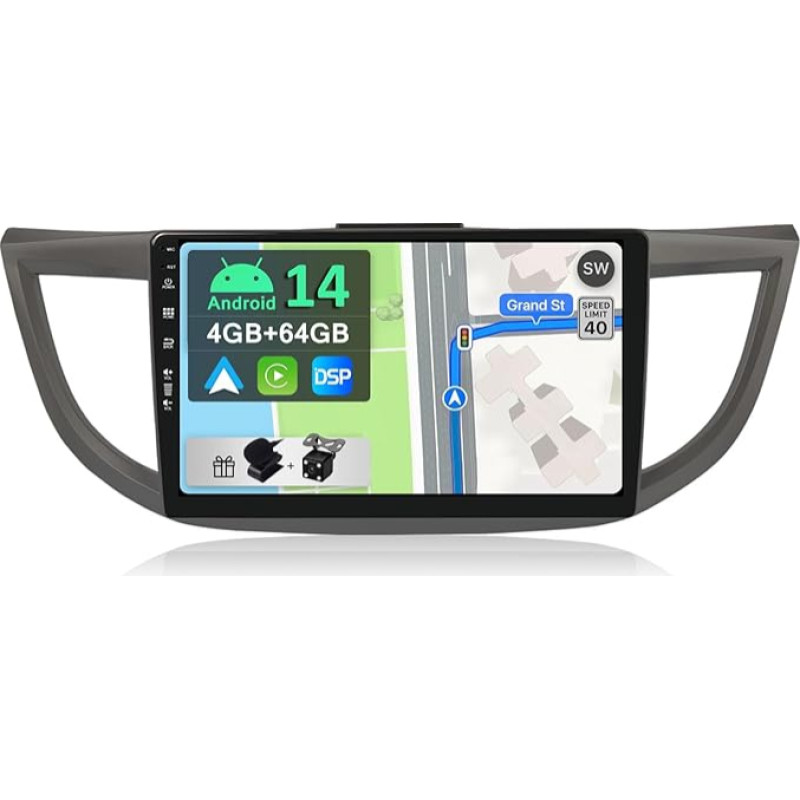 [4GB + 64GB] Android 14 Car Radio for Honda CRV 2012-2016-[Integrated CarPlay/Android Car/DSP/GPS]-10.1 Inch IPS Touchscreen DAB/Mirror Link/Bluetooth 5.0/AHD/360 Camera