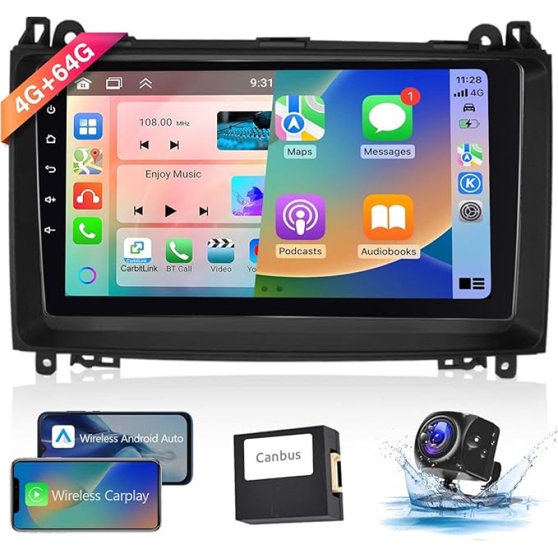 8 Core 4 + 64G: Hodozzy Carplay Car Radio for Mercedes Benz B200 W169 W245 W639 Sprinter Vito Viano, 9 Inch Touchscreen Android Car Radio with WiFi/GPS/RDS/FM/Bluetooth/USB/DSP + Reversing Camera