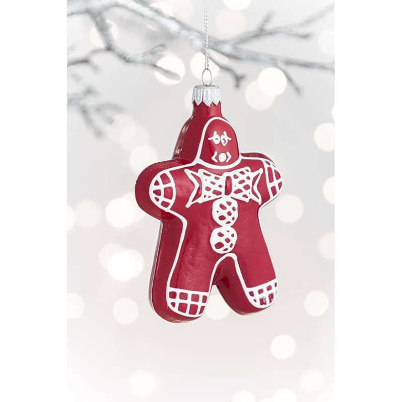 Glass Christmas Baubles – The Shape of the Gingerbread Man in Red with White Decoration