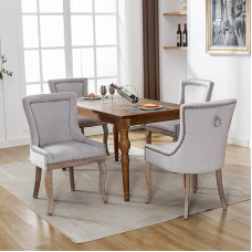 Prabangi valgomojo kėdė, virtuvės kėdė, svetainės kėdė (2 vnt.), minkšta kėdė su vinių galvutėmis, medžio masyvo kojos, aksomo užvalkalas (4, pilka)