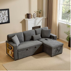 Zepneiy Sofa with Sleep Function, Big Sofa, 3-Seater Sofa, L Shape with USB and Integrated Shelf, Upholstered Furniture Sofa Bed, Extendable with Bed Box, Living Room Furniture Sofa Bed, Dark Grey