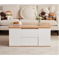 Pakeliamas daugiafunkcinis kavos staliukas (100 x 51 x 47 cm) - stalviršis atsidaro į 2 stalus, balta + originali medžio spalva, didelė talpa, modernūs svetainės baldai