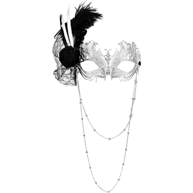 Cupimatch Venecijos maskarado kaukė Plunksnų kaukė: elegantiška metalinė akių kaukė su plunksnomis ir grandine Derliaus nėrinių gėlių kaukė Prabangi princesės kamuolio kaukė Helovino karnavalui, sidabrinė/juoda