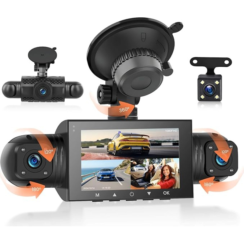 Rimoody FHD 4 kanalų prietaisų kameros automobilinė 360 laipsnių su 4 kameromis 1080P priekyje ir gale kairėje dešinėje, 3 colių 1080P prietaisų kameros automobilinė kamera su IR naktinio matymo / kilpos vaizdo įrašu / 24H parkavimo monitorius / jutiklis 