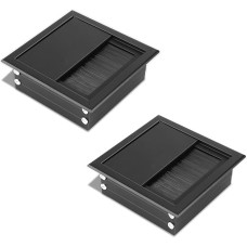 Kabelių įvorės su šepetėliais, 2 stačiakampių 80 x 80 mm skersmens kabelių įvorių pakuotė, aliuminio lydinio stalas, stalas, laidų skylių dangtelis, kabelių įvorių organizatorius, skirtas kompiuterio stalui (juodas)