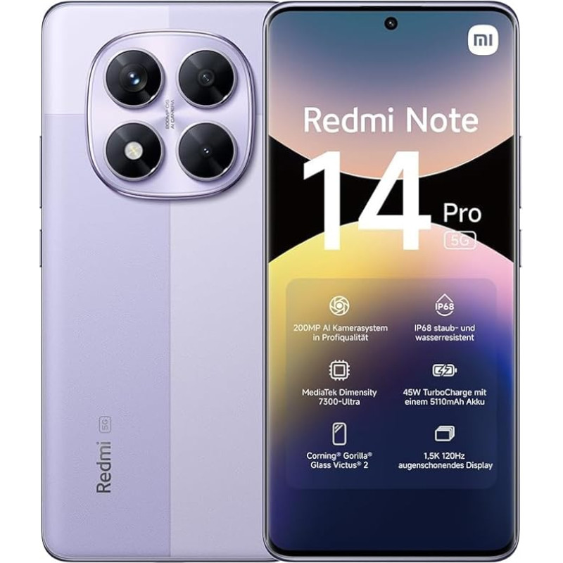 xiaomi Redmi Note 14 Pro 5G išmanusis telefonas, 8+256GB, levandų violetinės spalvos, 200MP profesionali dirbtinio intelekto kamera, IP68, 45W turbininis įkrovimas su 5110mAh baterija, dirbtinio intelekto funkcijos (įkroviklis neįtrauktas)