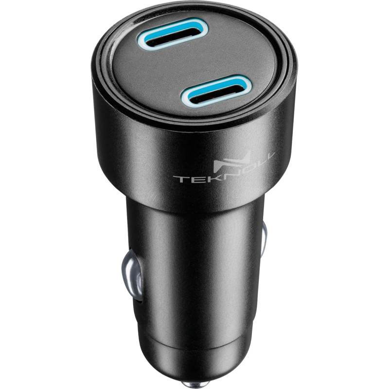 Teknoll - Greitasis įkroviklis 65 W -2 prievadai: 1 x USB-C 20 W PD + 1 x USB-C 45 W PD - Aktyvus šviesos diodas - Saugus įkrovimas automobilyje - Tinka visiems išmaniesiems telefonams - Juoda