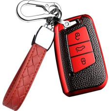 HIBEYO išmaniųjų automobilio raktų dėklas tinka VW raktų dėklui apsauginis dangtelis Golf 7 Polo Passat T-Rock Skoda Seat 3 mygtukų nuotolinio valdymo priedų raktų pultelis 3 mygtukai TPU odos tekstūra raudona