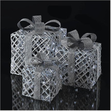 EMOS sidabrinės LED kalėdinės dovanos su plačiu kaspinu ir dekoratyviniu lankeliu, 3 kalėdinių dekoracijų pakuotė, šaltai balta spalva, 3 m ilgio kabelis, maitinimo šaltinis su laikmačiu, IP20, skirtos naudoti patalpose