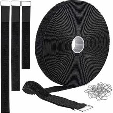 2 cm x 5 m Klettbänder mit 25 Metallschnallen, zuschneidbar, wiederverwendbar, schwarze Kabelbinder, verstellbare Befestigungskabelbänder, Nylon-Sicherungsgurt