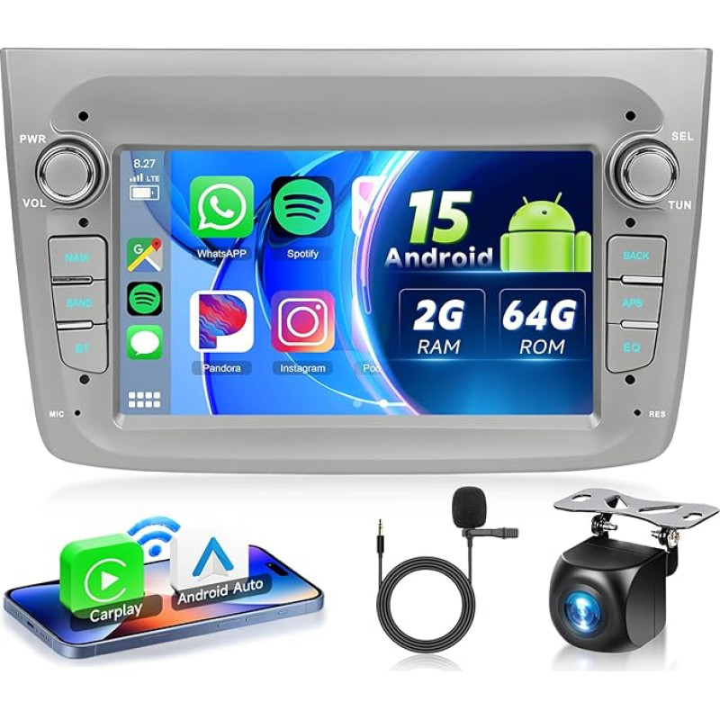 VECHTEL automobilinis radijas 2G + 64G Android 15 Alfa Romeo MITO 2008-2016, 7 colių HD jutiklinio ekrano automobilinis radijas su belaidžiu Carplay Android DAB+ GPS Wi-Fi Bluetooth 2USB FM RDS radijas atbulinės eigos kamera