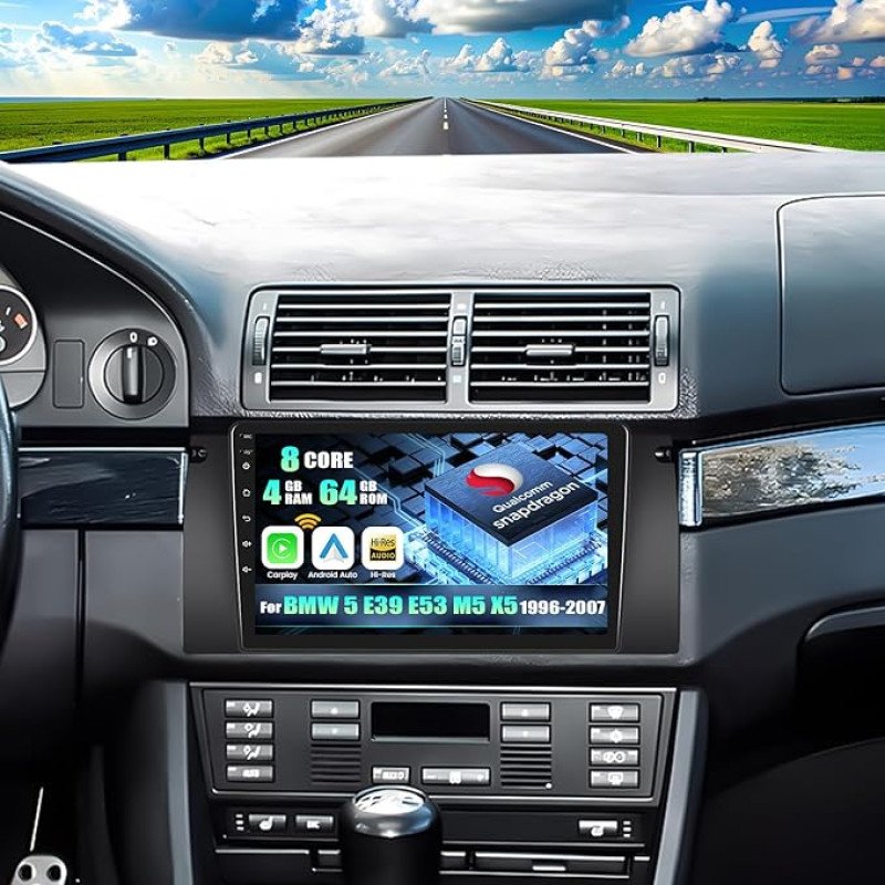 CAMECHO Android 15 Qualcomm Octa Core 4G + 64G automobilinis radijas BMW 5 E39 E53 M5 X5 (1996-2007) su Carplay Android automobilinė navigacija Dual WiFi 9 colių IPS ekranas su navigacija Bluetooth 5.1 FM/RDS + galinis
