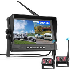 VECHTEL belaidė IPS HD 9 colių atbulinės eigos kamera Belaidis rinkinys su 2 kameromis, BSD, DVR, IP68 vandeniui atspari naktinio matymo belaidė atbulinės eigos kamera sunkvežimiams, karavanams, sunkvežimiams ir nameliams ant ratų