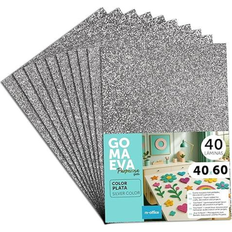 Putų gumos lakštai su blizgučiais 40 x 60 cm, spalvingos EVA putplasčio plokštės vaikams, pasidaryk pats, mokyklai, dekoravimui ir meno projektams - idealiai tinka kaip amatų popierius, putplasčio guma su blizgučiais - m-office (sidabrinė, 40