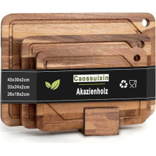 Caossuixin Wooden Chopping Board Set of 3 (26 x 18, 33 x 24, 40 x 30), Solid Acacia Wood Board with Juice Groove, 2 cm Thick Wooden Chopping Board for Kitchen Tops with Board Stand