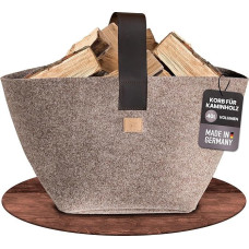 Dizainerio malkų krepšys iš veltinio [40L] - Vokietijoje pagamintas malkų krepšys, pagamintas iš rPET veltinio su natūralios odos rankena - malkų krepšys stabilus ir tvirtas (smėlio spalvos)
