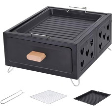 Nešiojamas medžio anglių grilis, stovyklavietės viryklė su stalčiuje sumontuota medžio anglių lentyna, stovyklavietės grilis, mini grilis, stalo grilis su medžio anglimis, skirtas kepsniams, piknikams ir arbatos ruošimui (juodas)