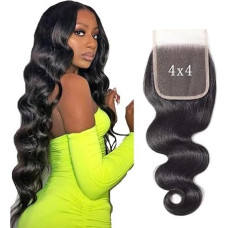 Hxxcoup Uždarymas Žmogaus plaukai 4 x 4 nėrinių uždarymas Kūno banga Natūrali juoda spalva 150 % tankio iš anksto nupurkšti su kūdikių plaukais moterims Blenched mazgai su minimaliu kvapu Minimalus susipainiojimas, 22 coliai