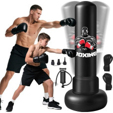 Adult Punch Bag, 180 cm Heavy Punch Bag, Standing with Boxing Gloves and Air Pump, Inflatable Punch Bag, Filled for Martial Arts, Standing Punch Bag, Gift for Taekwondo, Black Boxing Bag Children