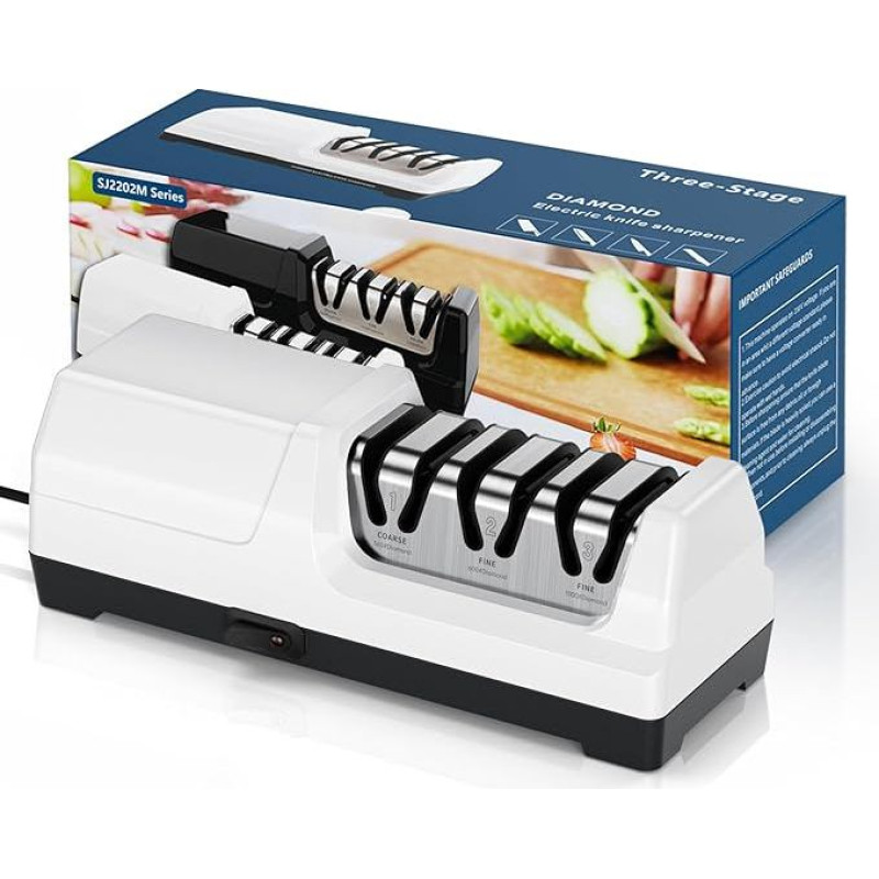 HIUYRFS Peilių galąstuvas elektrinis profesionalus su 3 lygiais, deimantiniais diskais, apsauga nuo perkaitimo, tylus variklis, elektrinis peilių galąstuvas virtuvės peiliams