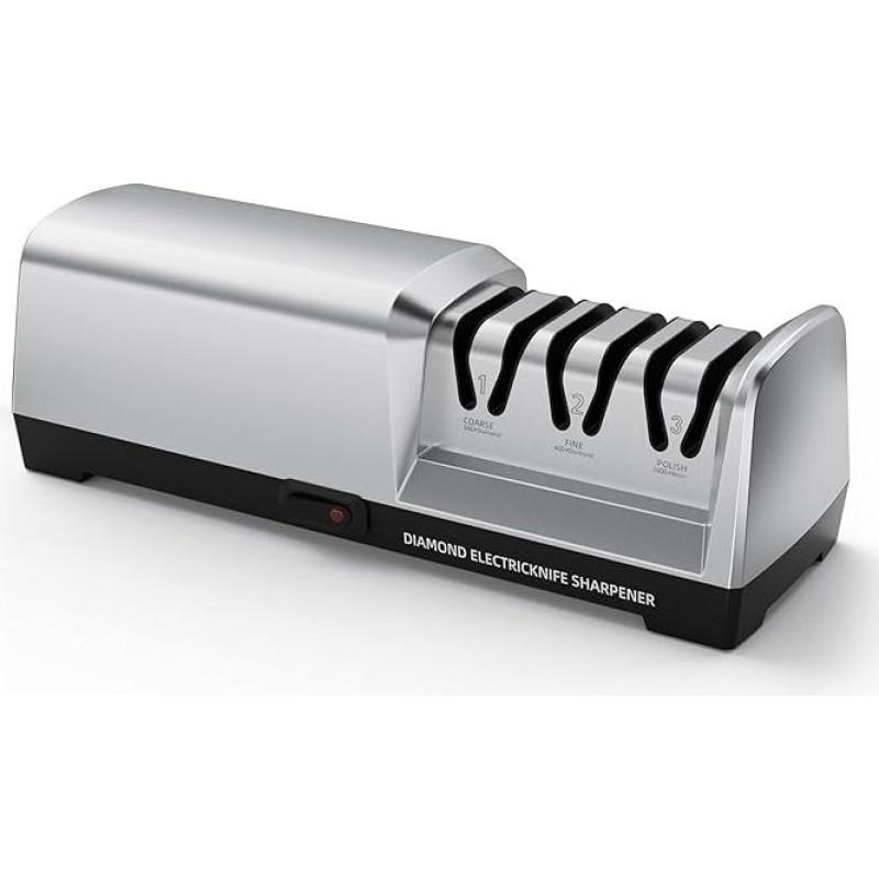 HIUYRFS Profesionalus elektrinis peilių galąstuvas su 3 lygiais, deimantiniais diskais, apsauga nuo perkaitimo, tylus variklis, greitas elektrinis peilių galandinimas virtuvės peiliams