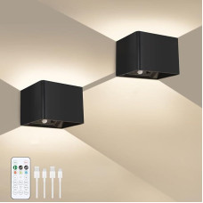 AVANLO Indoor Wall Light with Motion Sensor, Remote Control, 3 Colours, USB Rechargeable, Wireless LED Wall Lamp Battery for Living Room, Bedroom, Stairs, Hallway (Black, Pack of 2)