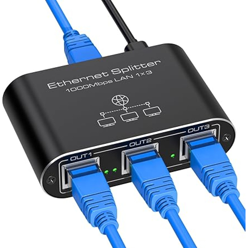 VEDINDUST LAN komutatorius nuo 1 iki 3 1000 Mbps tinklo skirstytuvas Aliumininis Gigabit Ethernet skirstytuvas su USB-C maitinimo kabeliu, skirtas kompiuteriui, maršrutizatoriui, TV priedėliui