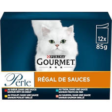 GOURMET Perle Sauce Rack Adult Cat Beef, Chicken, Tuna, Salmon, 12 x 85 g, Fresh Bag (Packaging May Vary)